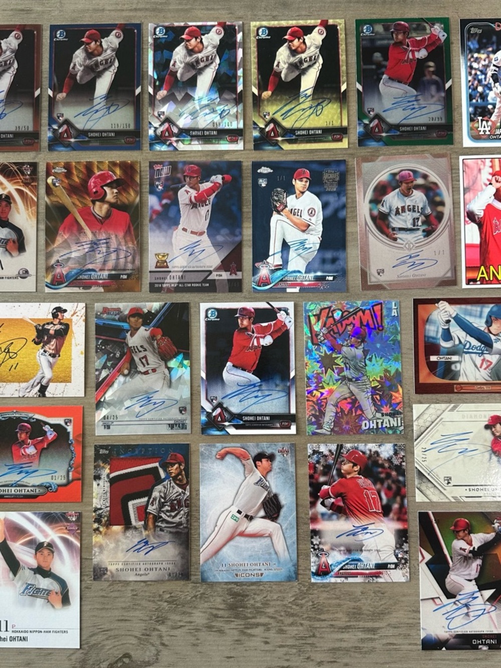 Shohei Ohtani Signed Rookie Lot of (24) Topps Bowman BBM Kaboom Novelty Cards.